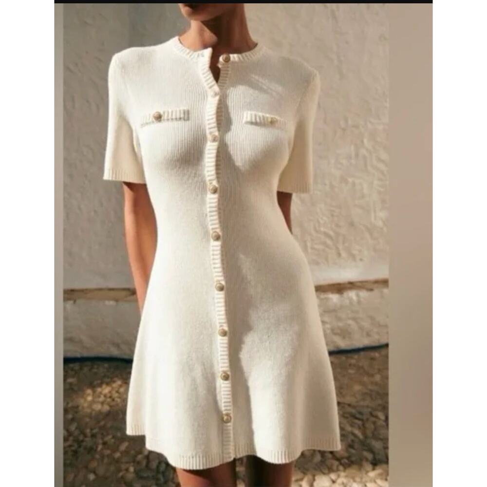 H&M Viral Old Money Rib Knit Fitted Button Mini Dress Off White Cotton